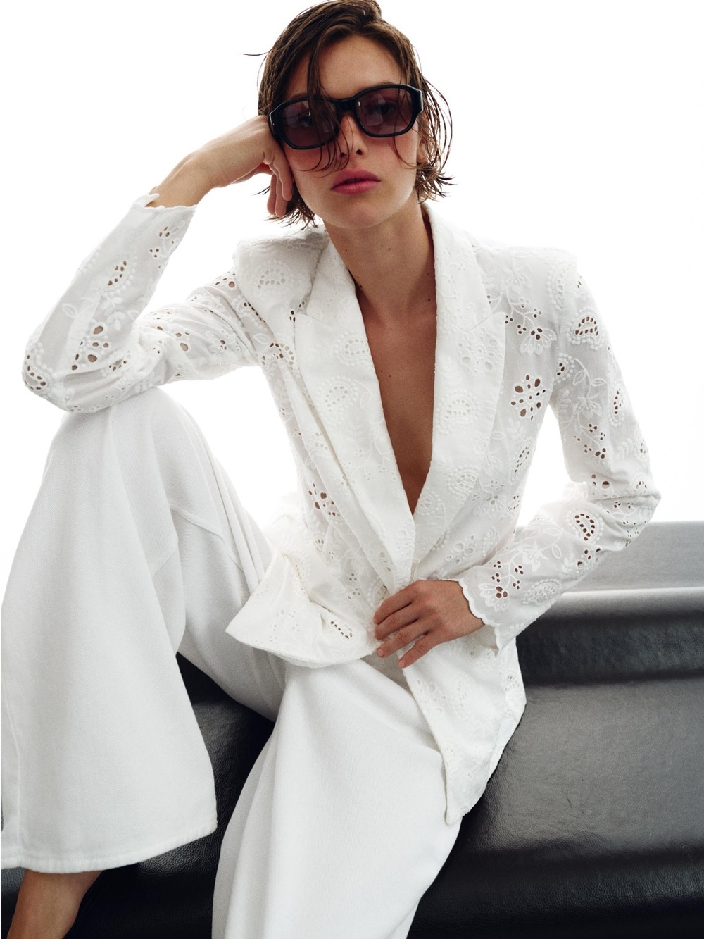 Zara Embroidered Eyelet Perforated Tailored Blazer White